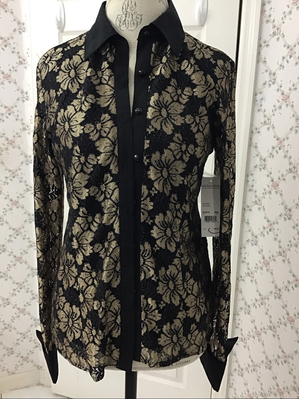 Vintage Notations Semi Sheer Black Metallic Floral Lace Overlay Buttoned Shirt.